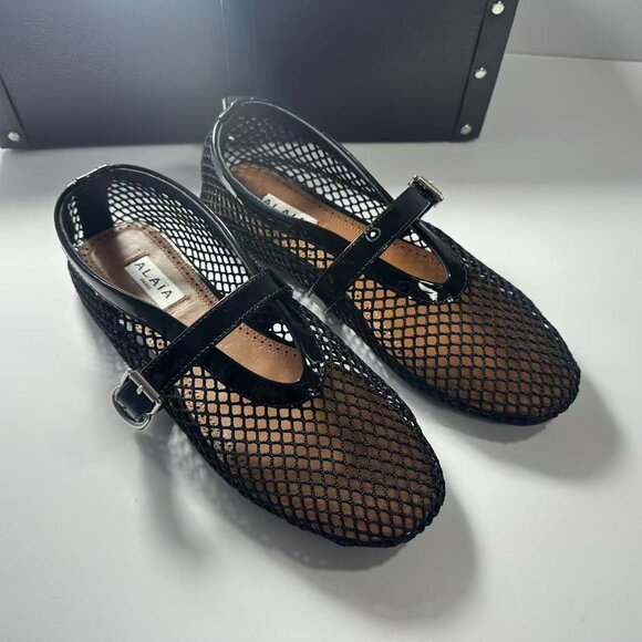 Alaia Shoes - Alaia Black Mesh Flats with Patent Straps